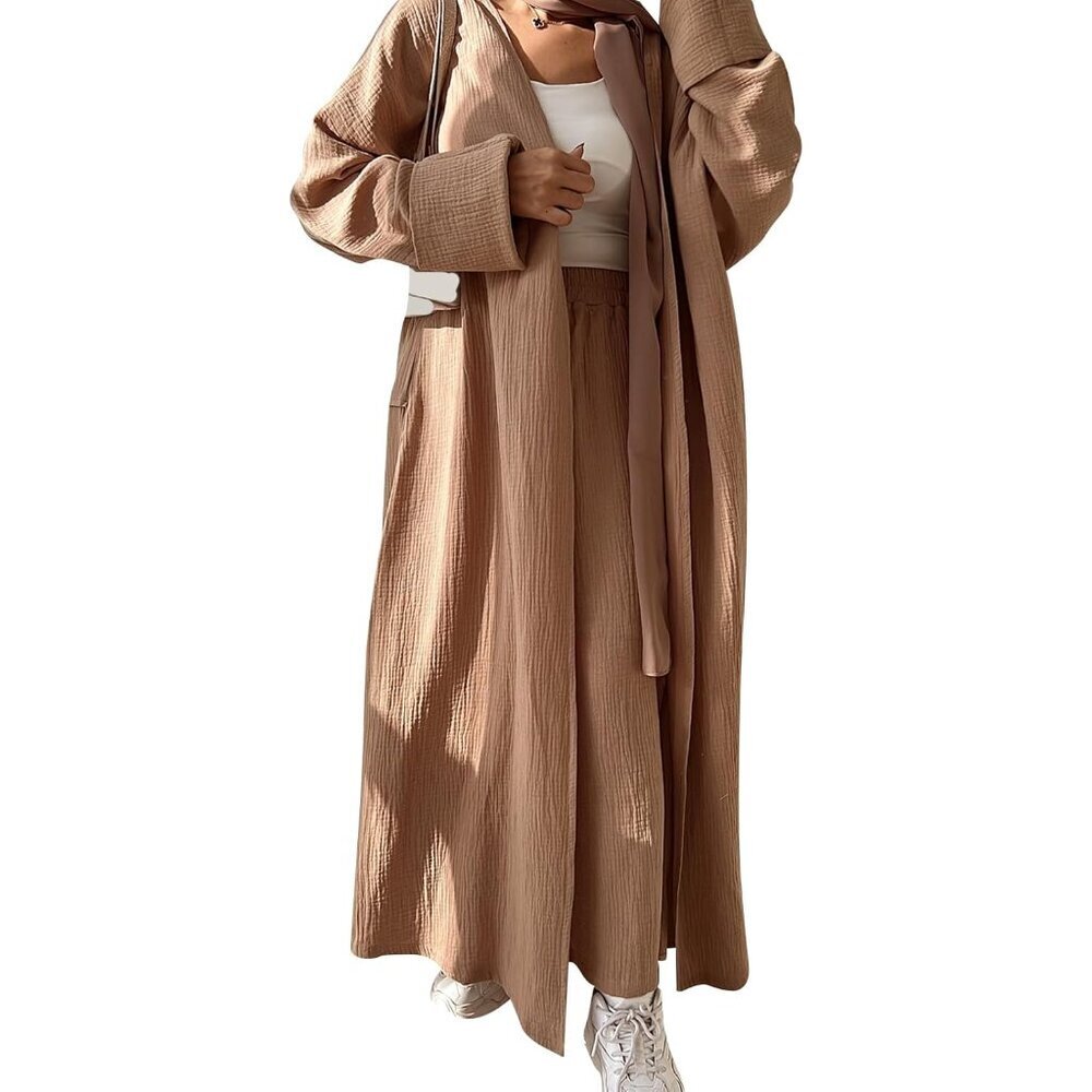 Muslim Women Abaya and Pants Set Cotton Long Sleeve Open Front Loose Fit